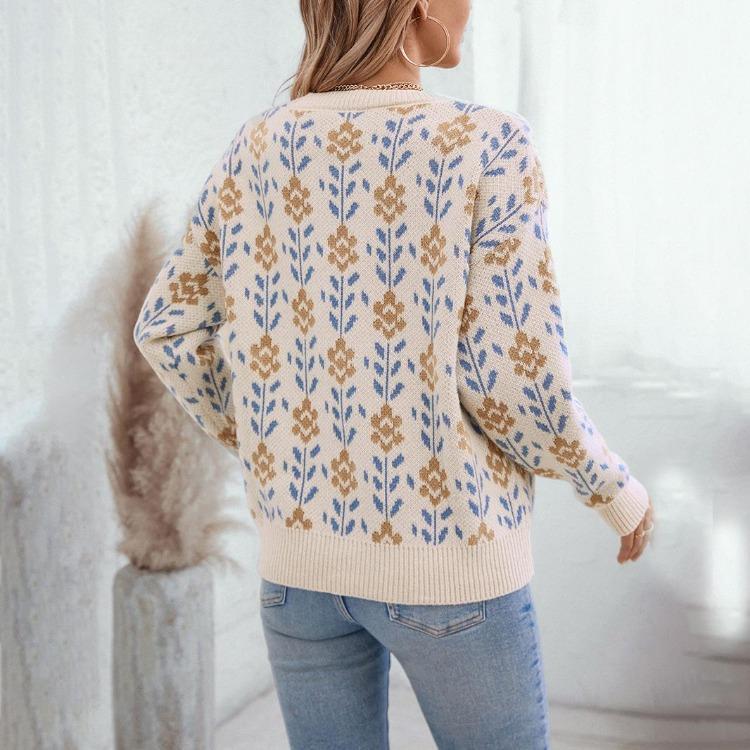 Loose Vintage O-Neck Long Sleeve Knitwear Autumn Winter Sweater Print Top Pullover