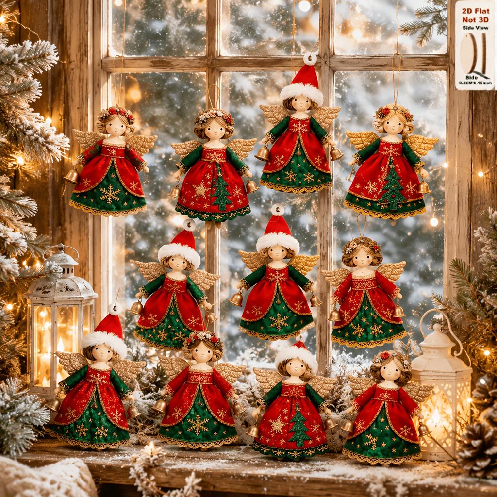 30pcs Christmas Angel Ornament Set Features Classic Red, Green, And Golden Holiday Colors, Paired with Golden Wings, Bells, Santa Hats, Wreaths