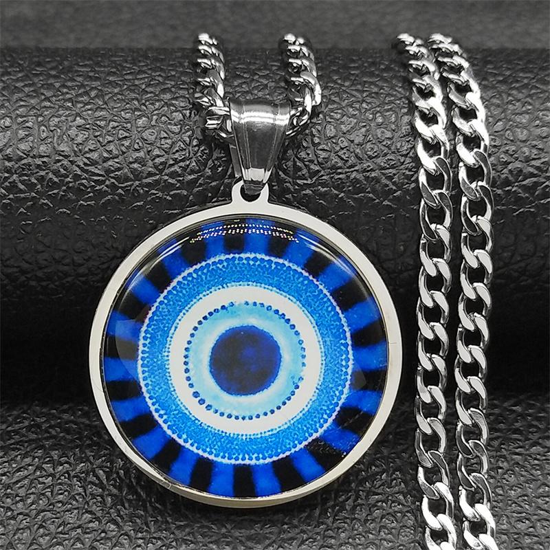 Blue Evil Eye Stainless Steel Round Glass Medal Necklaces Chain Men Women Gold Color Turkish Eye Necklace Amulet Jewelry Gift
