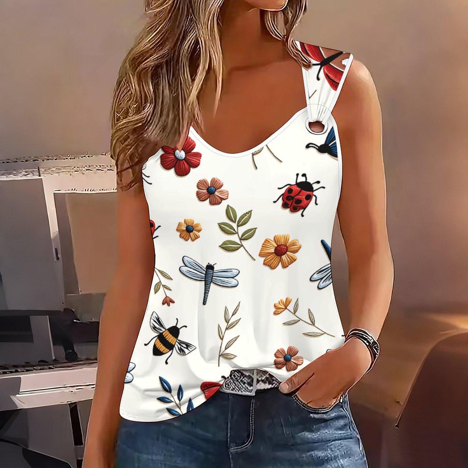 

Ladies Outdoor Casual Sports Double Loop Buckle Vest with Flower Print Pattern ,V-neck, Sleeveless, Medium Stretch Fabric 8XL