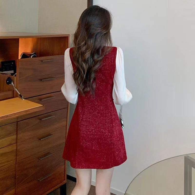 Womens Tweed Contrast Mesh Sleeve Bow Detail Mini Dress