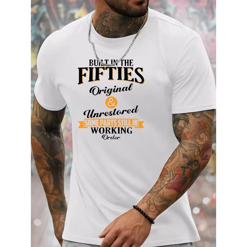 European sizes Built In The Fifties, Men's Crew Neck Short Sleeve T-shirt, Trendy Creative Pattern, Casual C Lightweight Top For Summer Outfits