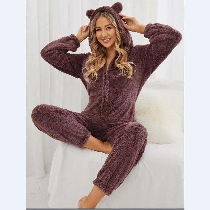 2024 Trendy European/American Fleece-Lined Hooded Jumpsuit Pajamas for Women - 22 Colors Available
