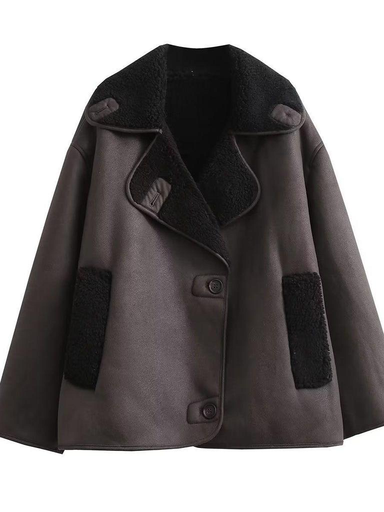 2023 Plus Size Shearling Lapel Jacket for Women - European & American Style Autumn/Winter Fashion