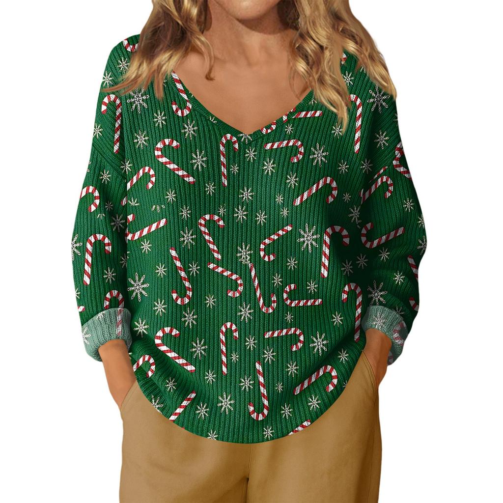 Women's Casual V-Neck Long Sleeve Knitted Christmas Print Pullover