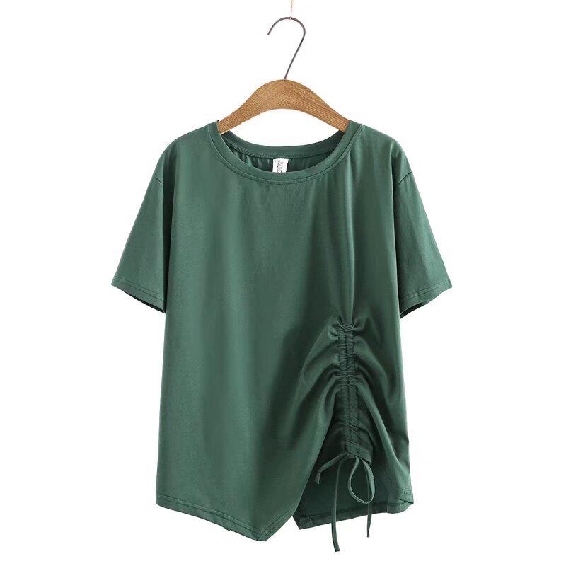 

2021 Plus Size Summer Short Sleeve Women s Drawstring Irregular T-shirt, Slimming Design for 200 Jin 464 3XL зелёный