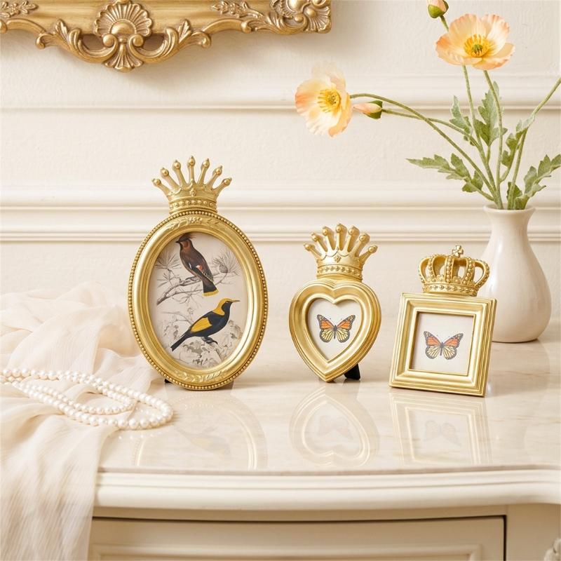 Desktop Photo Frame with Gold-Tone Finish, Ornate Crown Detail, Decorative Resin Picture Frame for Tabletop or Wall Mount Styling