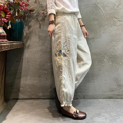 Women's  Cotton Linen Trousers Retro Elastic Waist Embroidered Floral Embroidery Lounge Pants