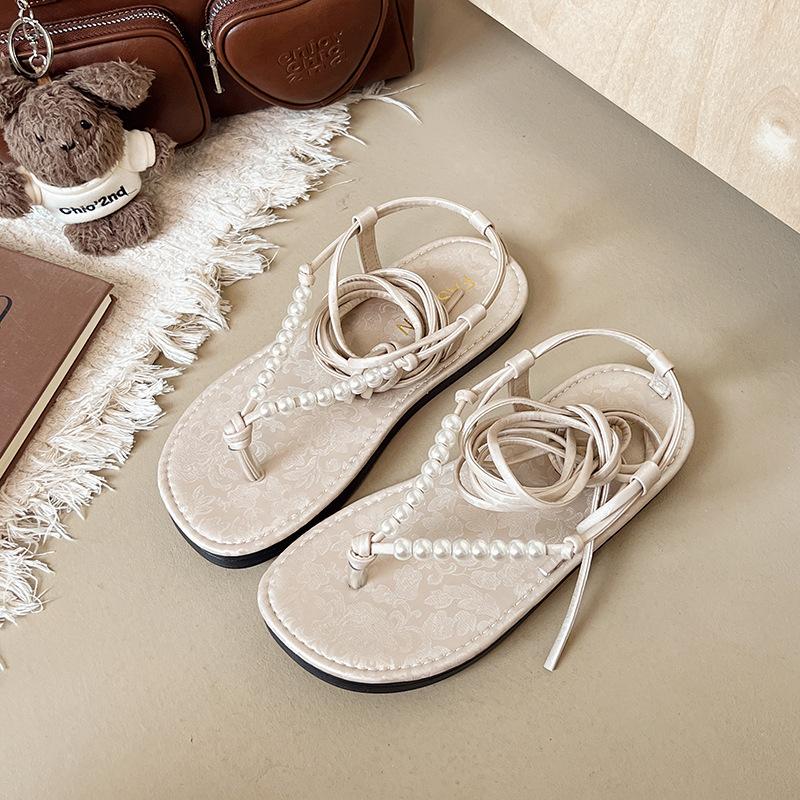 Fashion Cross Strappy Sandals Shoes for Women Summer Flat Bottom Beach Lace-up Roman Flip Flops Sandales Femme Casual Pearl Soft Sandal
