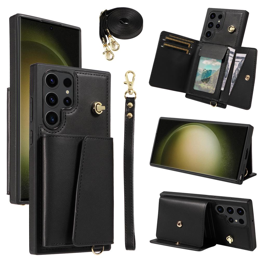For Samsung Galaxy S23 Ultra Crossbody Phone Case Card Holder Kickstand Leather Coated TPU Mobile Cover