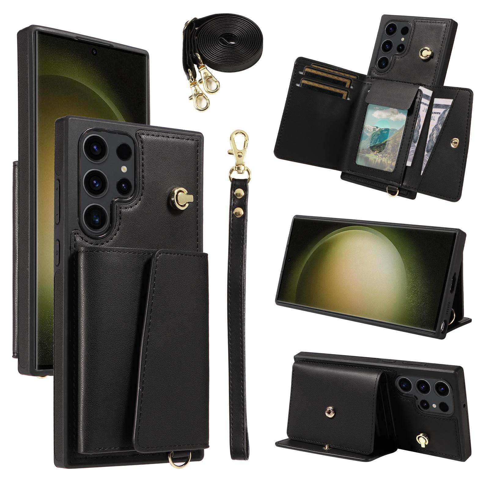 

For Samsung Galaxy S23 Ultra Crossbody Phone Case Card Holder Kickstand Leather Coated TPU Mobile Cover Black