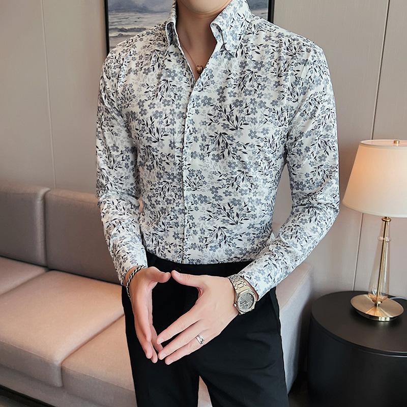 Sprig Autumn Men's Casual Shirts Fashion Print Long Sleeve Floral Shirts For Men Clothing Slim Fit Shirt Men