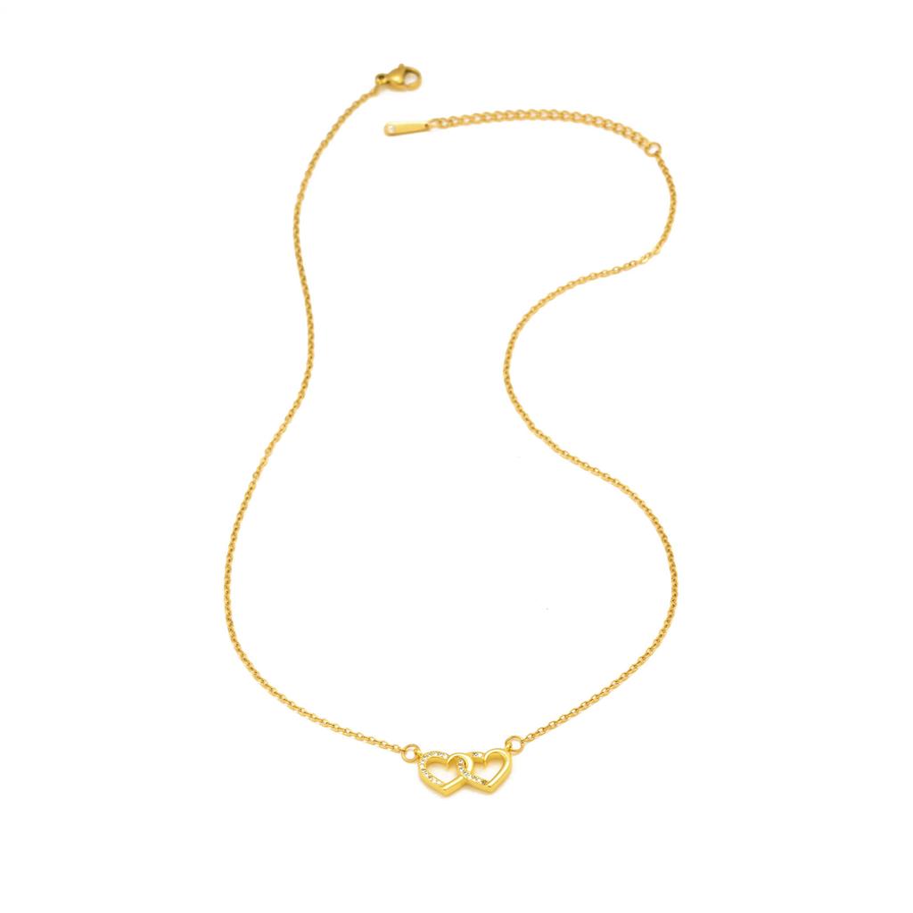 Exquisites Zirkon Doppelherz Halskette für Damen, Flache Rolo Kette Edelstahl Halsketten, Mode Wasserdichte Schmuck Geschenke