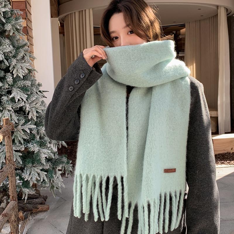 Woolen solid color wool blended scarf women's autumn and winter scarf macaron color thickened braid fringed shawl