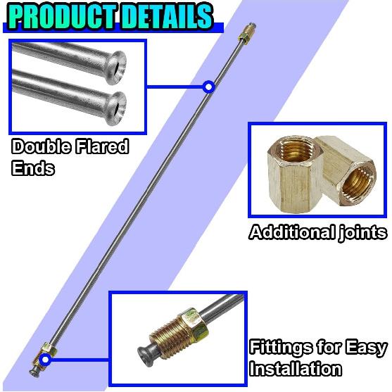 3PCS 3/16" Brake Line Kit With Fittings, Flexible 16" Long Stainless Steel Brake Lines Tubing With Inverted Double Flares & Standard Tube Nut,
