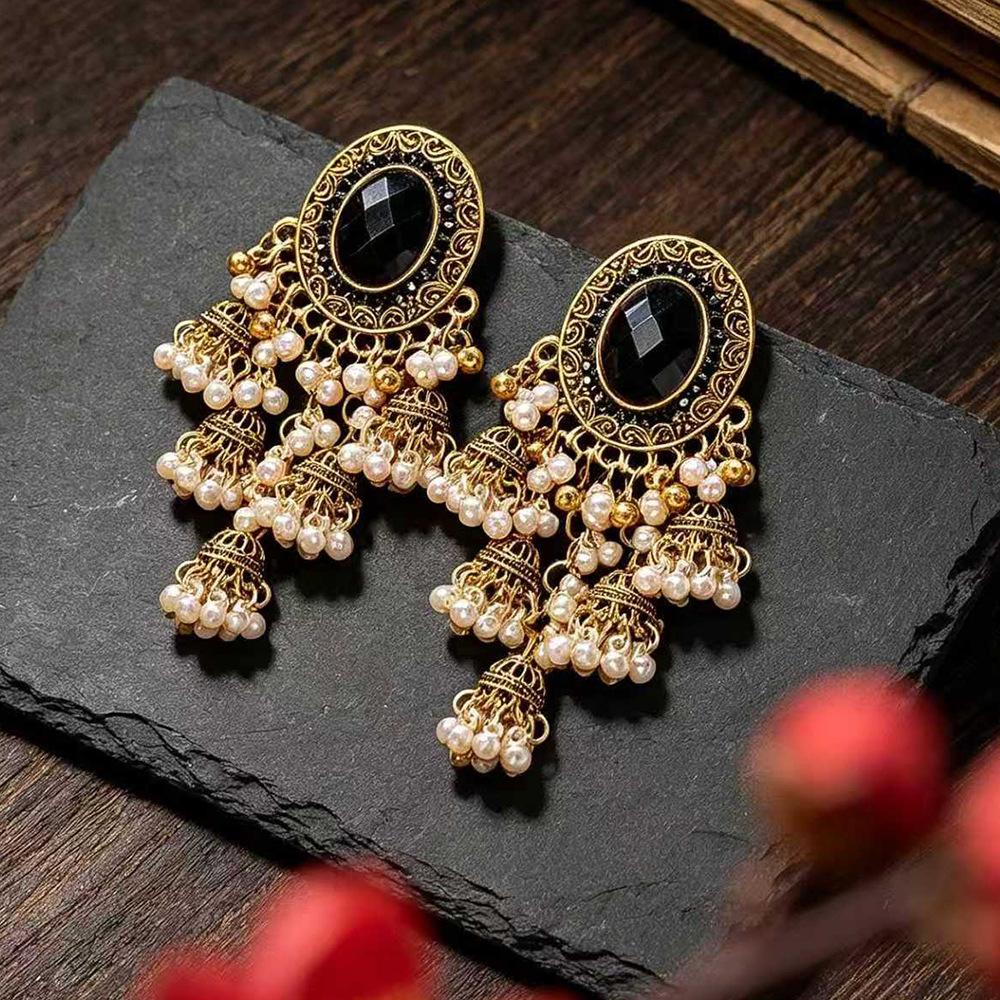 Unique New European and American Style Pearl Bell Tassel Earrings for Women Vintage Luxurious Ethnic Style Long Earrings