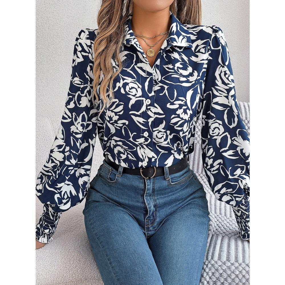 Spring Autumn Elegant Flower Printed Lantern Long Sleeve Shirts Women 2025 Turn Down Collar Single Breasted Chiffon Blouse