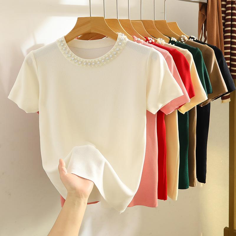 Women's Summer Design Knit T-Shirt Solid Color Short Sleeve Simple Top