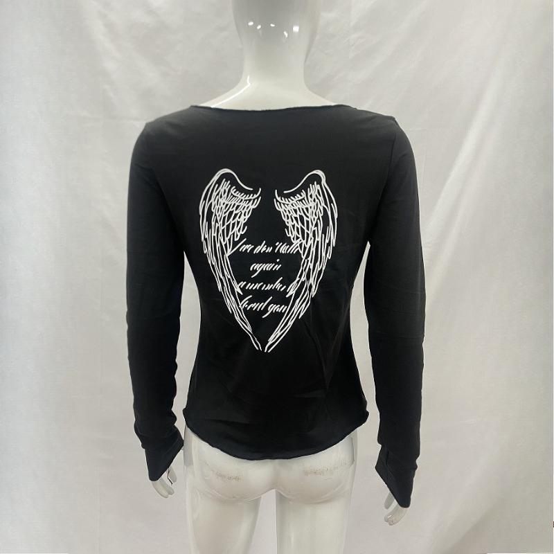 Y2K Spring and Autumn slim fit sexy round neck women's printed gothic style spicy girl long sleeved top