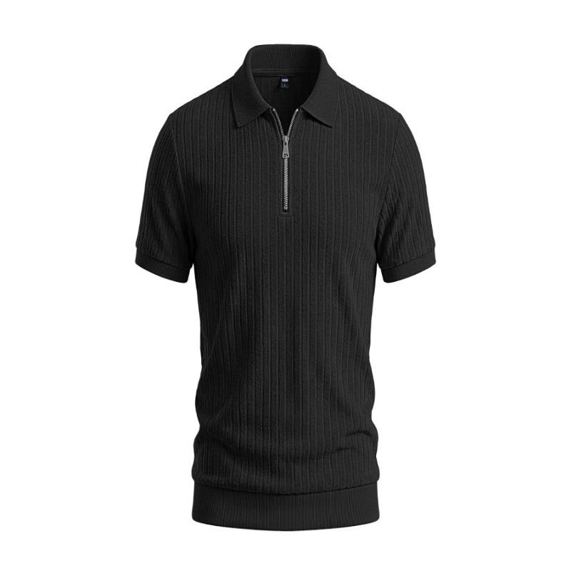Men Solid Vertical Stripe Half Zip Turn Down Collar Short Sleeve Casual Large Size Polo T Shirt