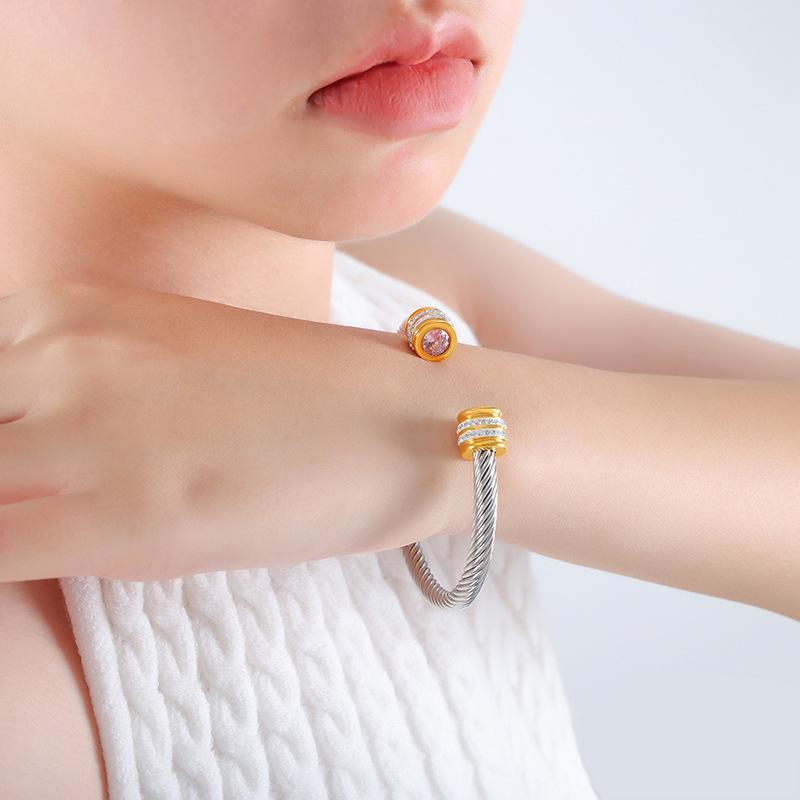 Titanium Steel Multi-Color Zirconia Open Bangle - Cross-Border Stainless Steel Hand Ornament