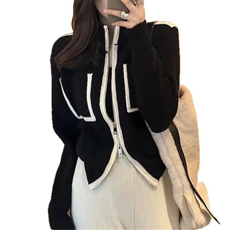Contrasting Color Double Zipper Sweater Jacket Women's Autumn and Winter New Lazy Wind Knitted Cardigan