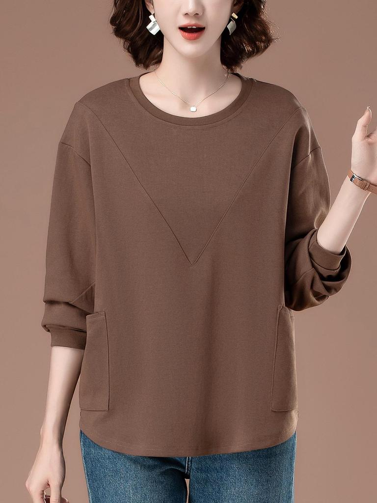 Plus Size Solid Color Long-Sleeve Shirt for Middle-Aged Women - Versatile Slimming Base for Spring & Autumn