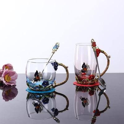 Enamel Rose Butterfly Decor Clear Glass Mug, Creative Gold-Plated Handle Tea Cup for Home Gift