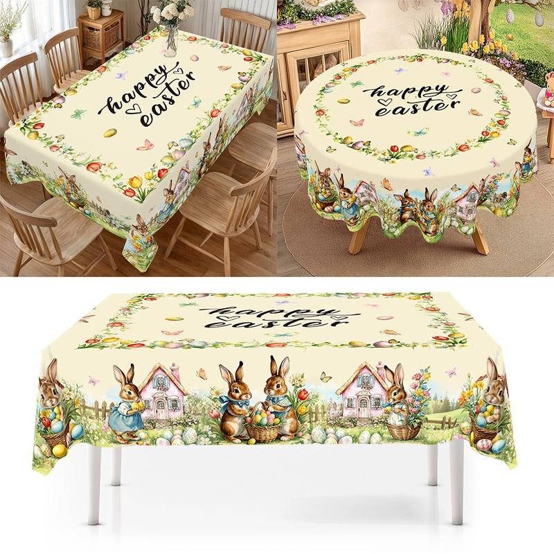 Vintage Easter Bunny Eggs Tablecloths Holiday Party Decor Spring Floral Rectangle/Round Table Cover Easter Decorations for Home