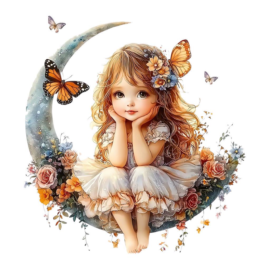 Girl On Moon with Butterflies Wall Stickers, Removable Waterproof Moisture-Proof Self-Adhesive PVC Decals for Kids Room Bedroom Living Room Decoration