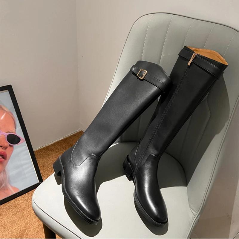 Vintage Women Slim Knee-High Boots Fashion Belt Buckle Shoes Autumn Winter Low Heel Ladies Modern Long Booties