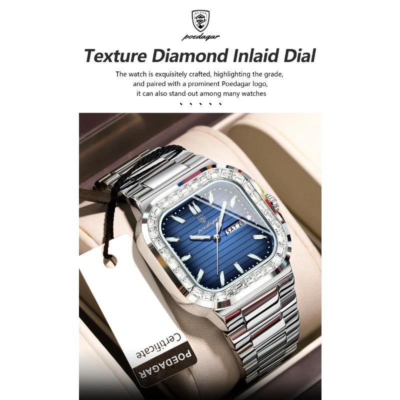POEDAGAR Top Brand Luxury Watch for Men Waterproof Luminous Date Week Wristwatch Stainless Steel Square Quartz Watches