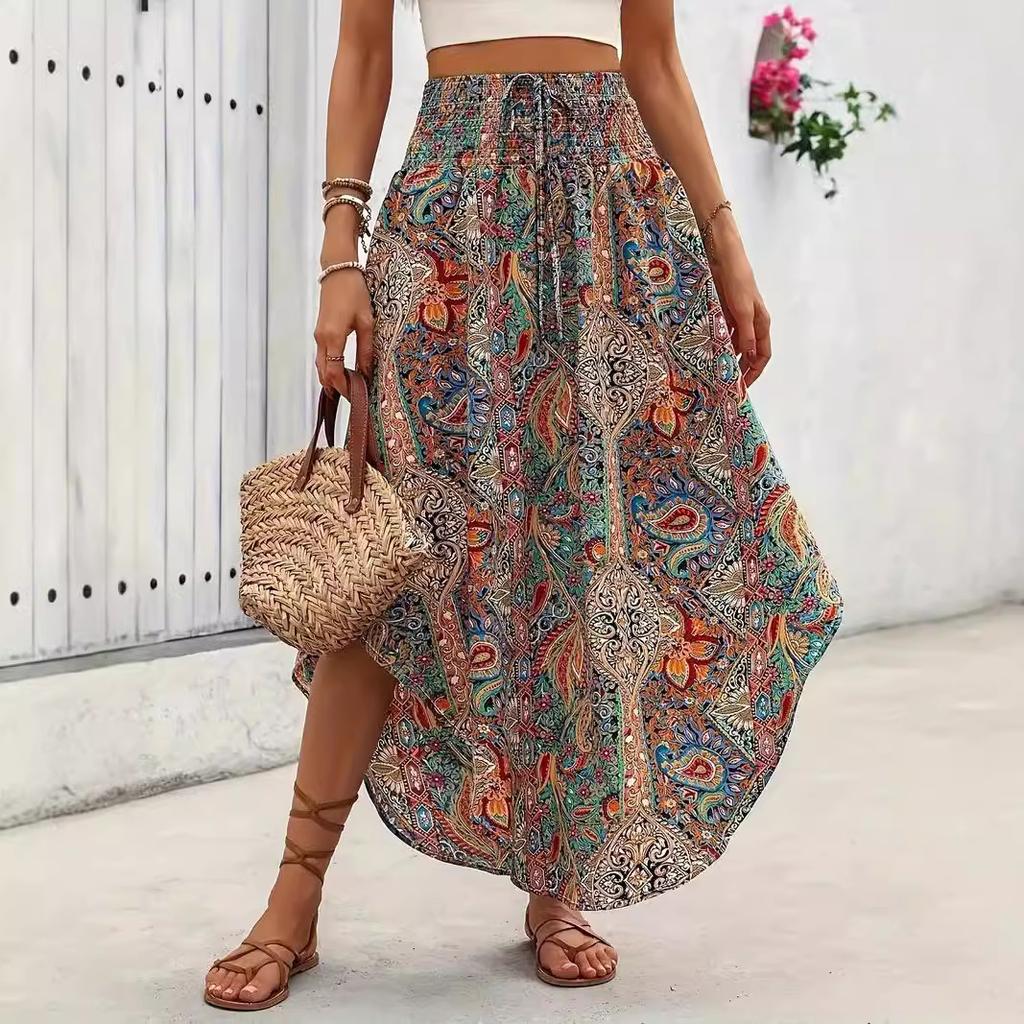 Vintage Floral Print Skirts Women Summer High Waist A-Line Pleated Elastic Long Skirts Casual Holiday Beach Skirt
