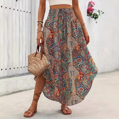 Vintage Floral Print Skirts Women Summer High Waist A-Line Pleated Elastic Long Skirts Casual Holiday Beach Skirt