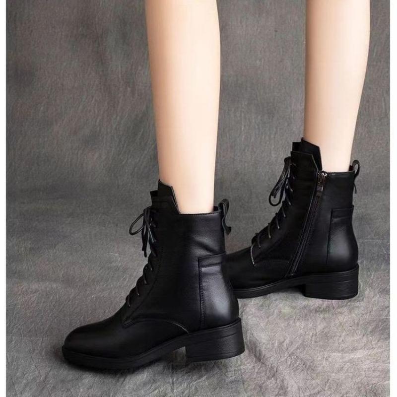 New Versatile Soft Leather Boots, Women's Shoes, Mid-heel Fleece Boots and Ankle Boots