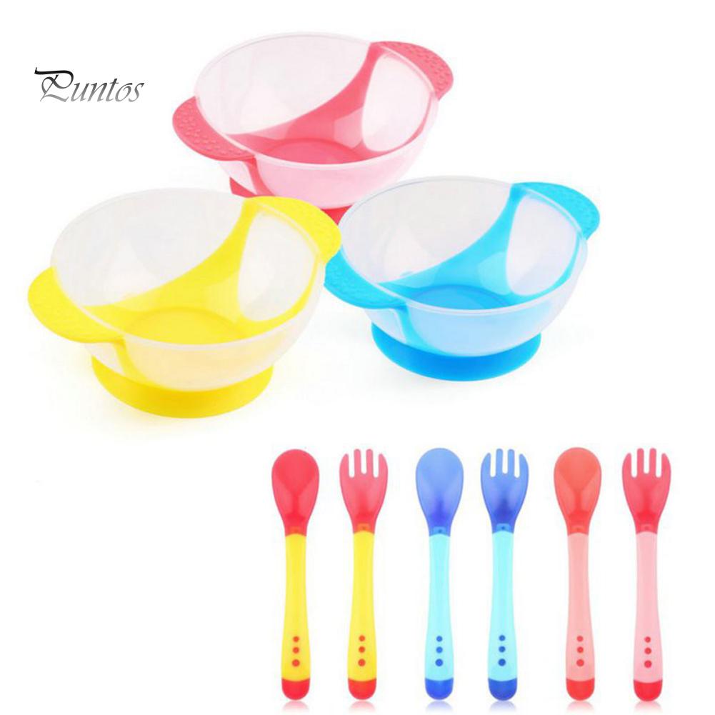 Puntos Kids Baby Child Suction Cup Training Feeding Bowl + Spoon + Fork Tableware Set