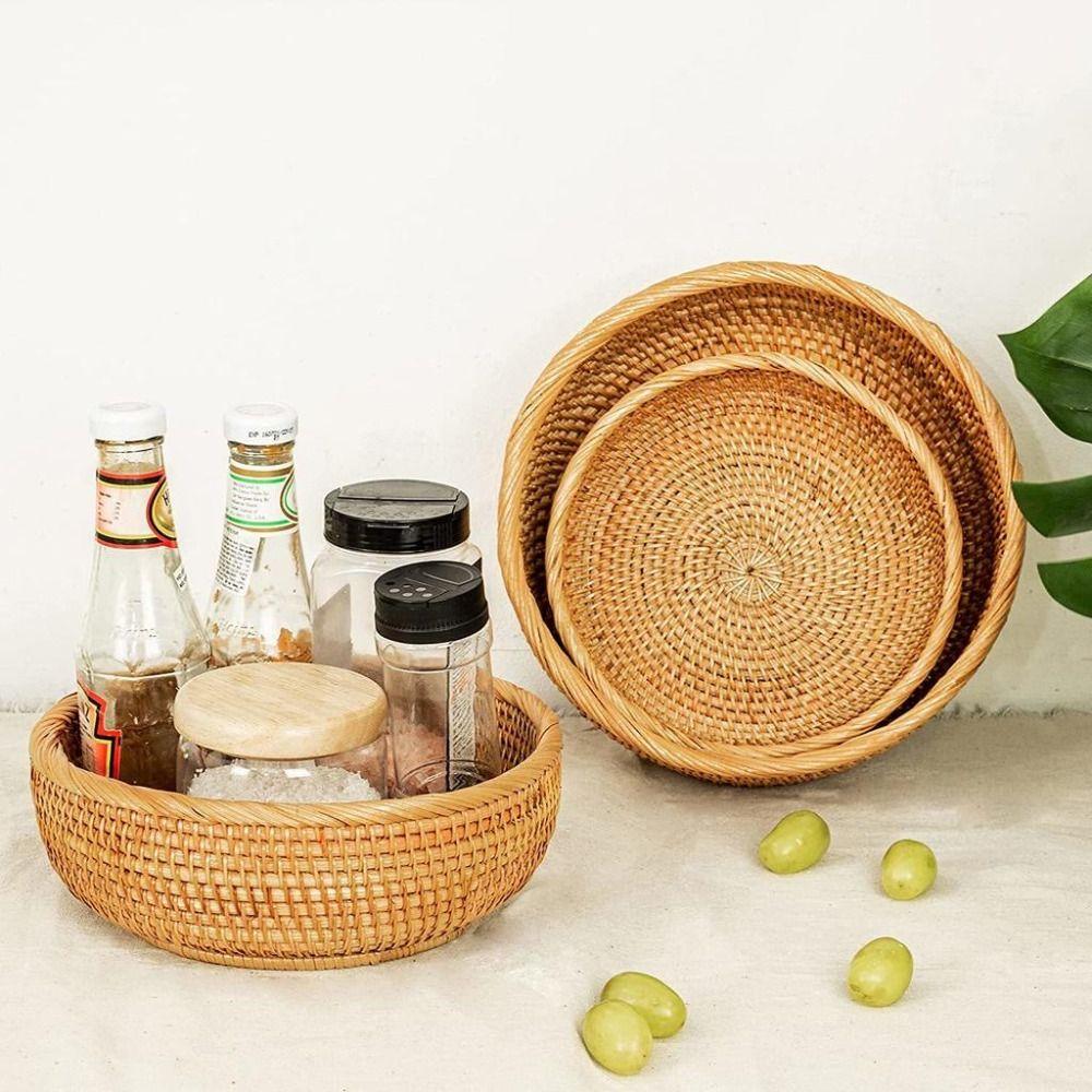 Large Capacity Round Rattan Storage Tray Plastic Bread Fruit Storage Tray  Living Room