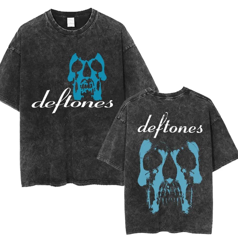 Deftones Dripping Skull Rissiges Logo Doppelseitiges Vintage-Waschung Übergroßes T-Shirt, Unisex Alternative Metal Fan Streetwear Tee, 100% Baumwolle Lässig