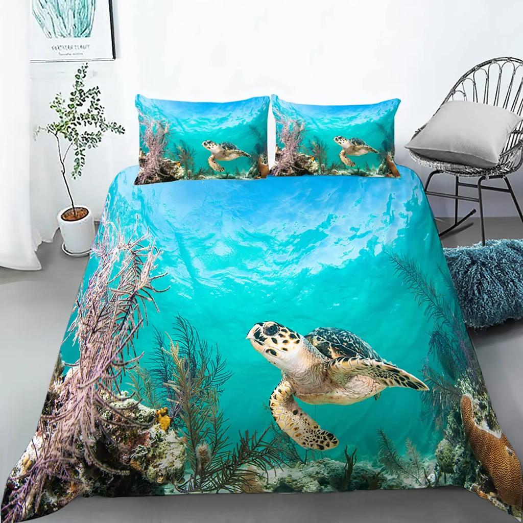 Sea Turtle Duevt Cover Set King Size Ocean Turtle Themed Comforter Cover For Teens Boys And Girls Soft Polyester Quilt Cover