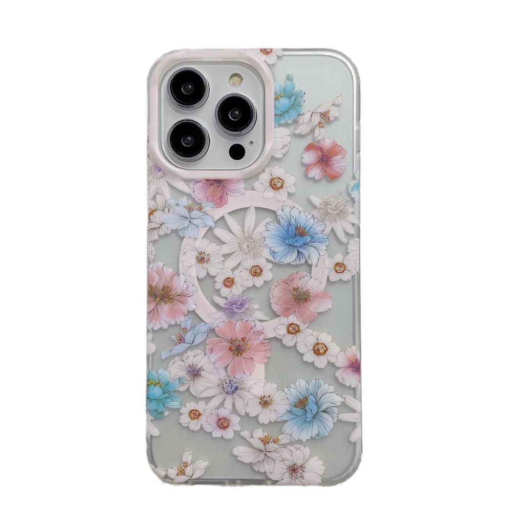 Applicable To IPhone 16 Mobile Phone Case Small Fresh Flowers Apple 15promax Powerful Magnetic Absorption and Anti-fall