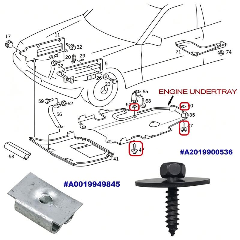 Mercedes-Benz Engine Under Shield and Bumper Fasteners: Screws, Bolts, Nuts, Clips, and Fender Fixing Clips
