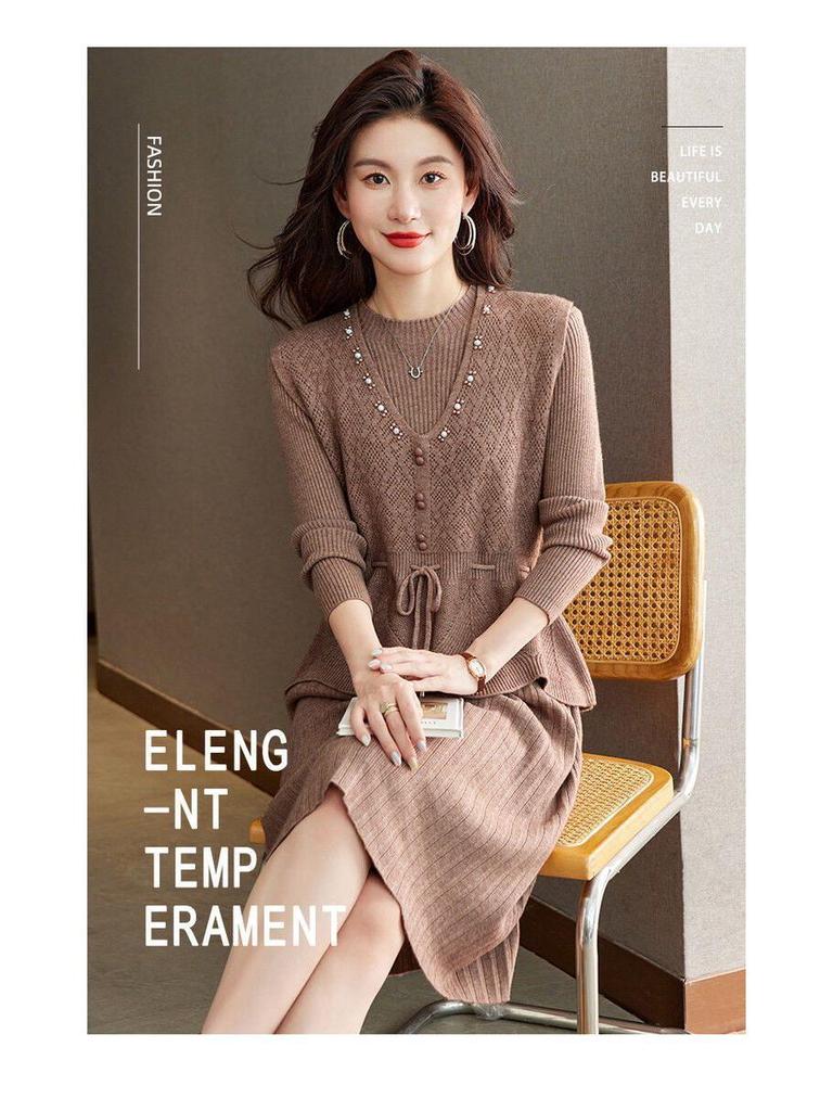 Two-Piece Knit Vest & Dress Set: Mid-Length, Slim-Fit, Autumn/Winter Fashion