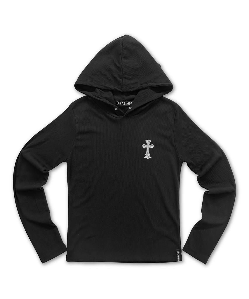 DAMISH Cross Embroidered Ribbed Hoodie_Black
