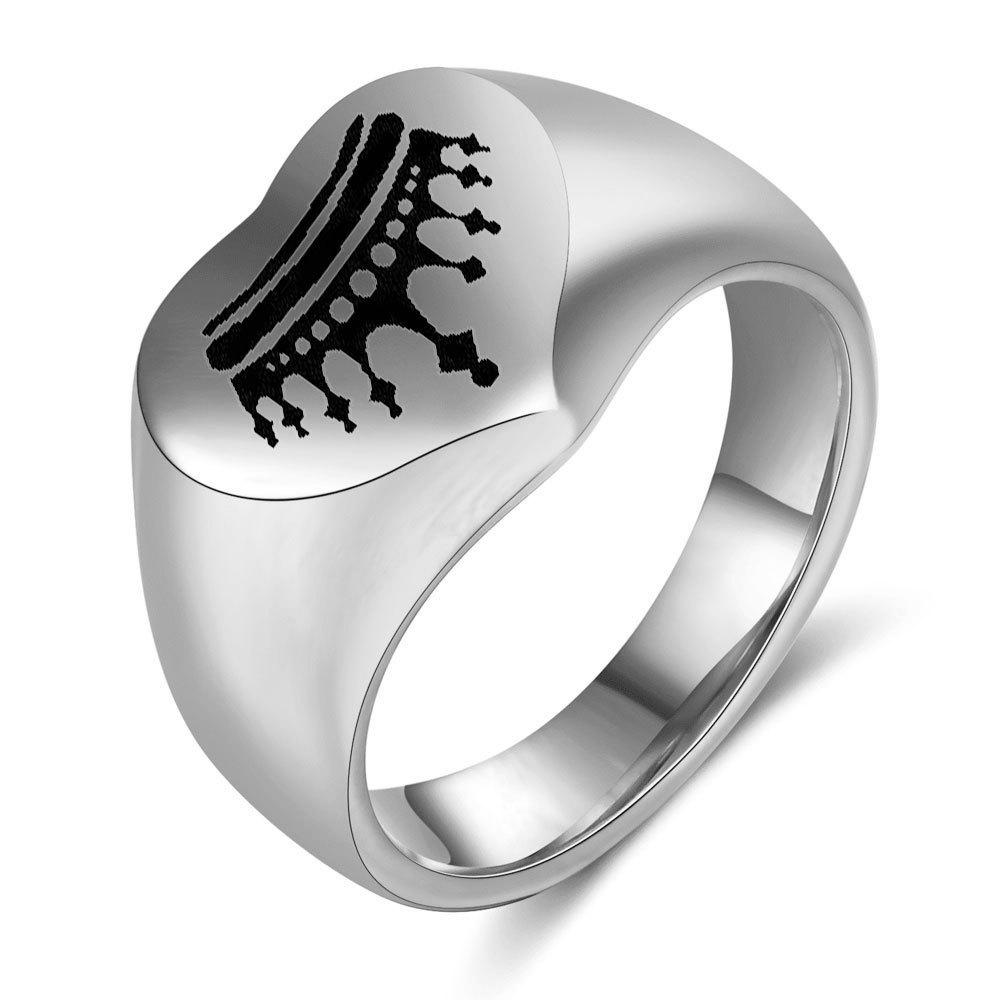 European & American Style Personalized 18K Gold Crown Heart Laser Engraved Stainless Steel Ring, 16MM Size 7