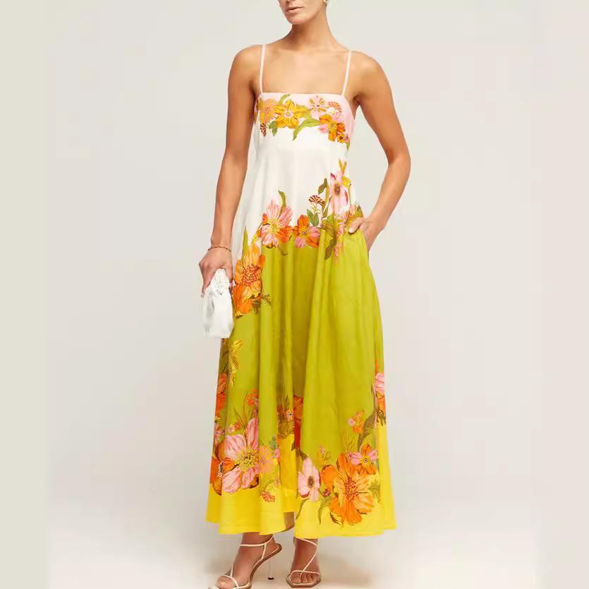 2025 nowa europejska i amerykańska seksowna bawełniana i lniana sukienka z nadrukiem na ramiączkach, pozycjonująca, wahadłowa, damska