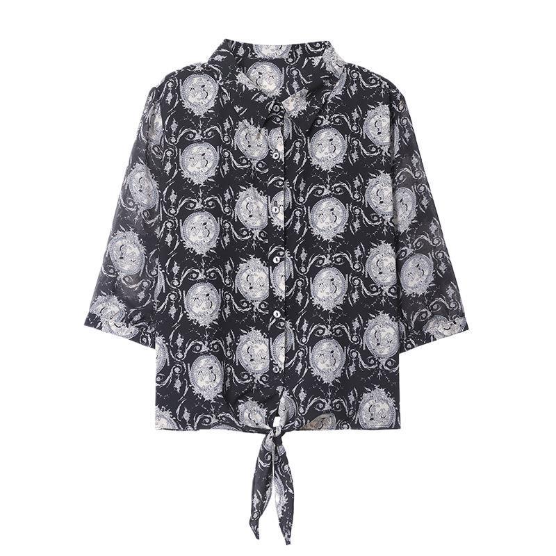 Elegant Summer Silk Print Women's Seven-Sleeve Top