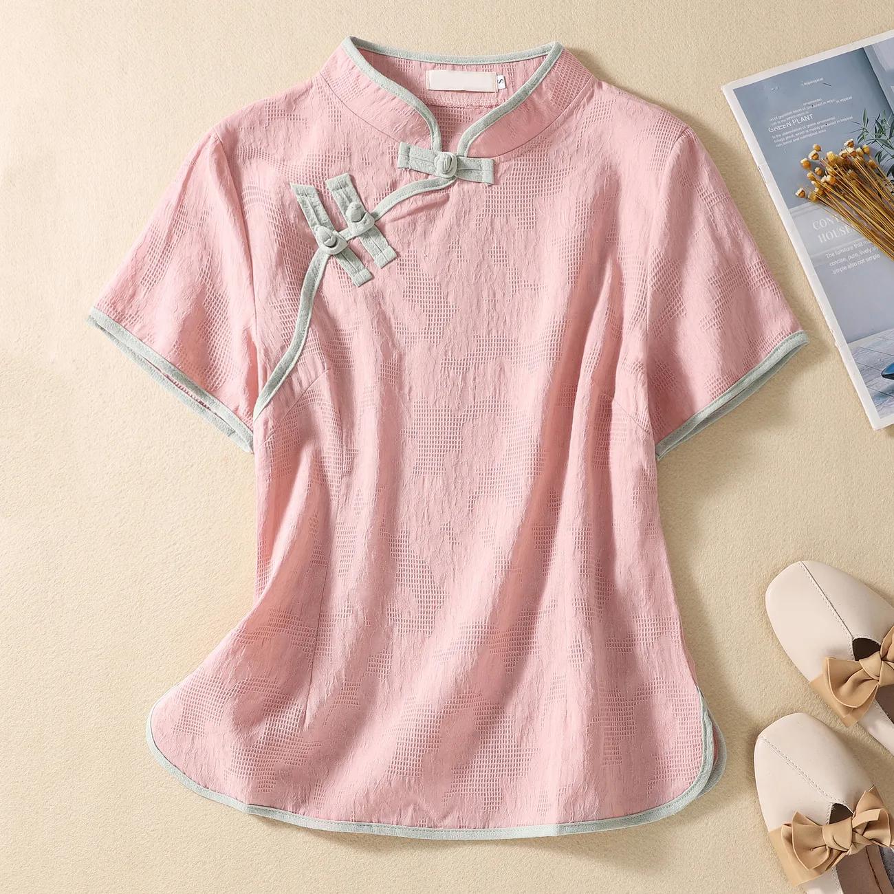 

Женская летняя художественная рубашка с короткими рукавами, воротником-стойкой и элегантной пряжкой, дизайн чайного платья XS розовый
