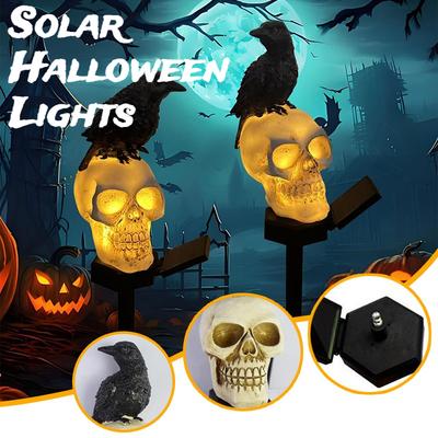 Solar Lights Outdoor 1 Set Crow On Skull Solar Halloween Lights with Stake Waterproof LED Light Decorations for Outdoor Decor