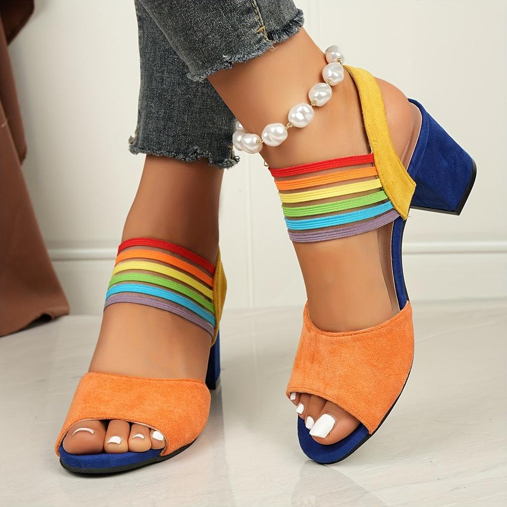Women's Summer Colorful Ribbon Sandals - High Heel Cross Strap Ankle Strap Sandals, Round Toe Rhinestone Buckle Dressy Sandals for Ladies