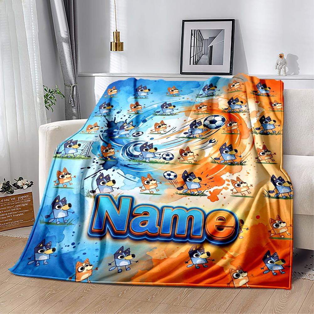 Bluey's Soccer Fun Customize Text Blanket Multi-purpose Personalized Blanket Ultra-Soft Suitable for Bedding Seaside Office Chair Chair